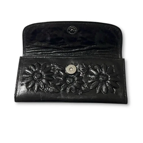 Mexican Embossed Leather Wallet Shiny Black Checkbook Flowers Handmade New - Picture 4 of 8
